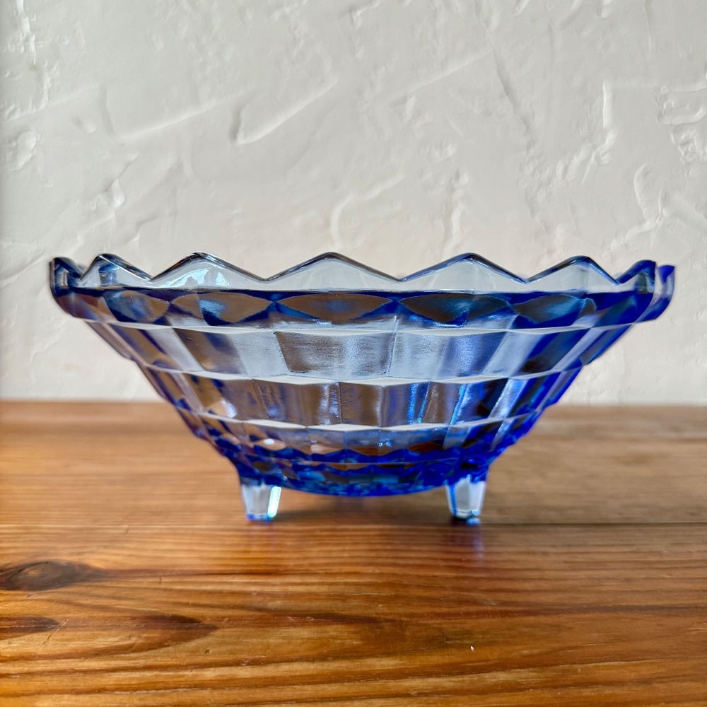 Vintage Indiana Glass Whitehall Blue Glass Bowl | 10" Footed Sawtooth Edge - Picture 2 of 15
